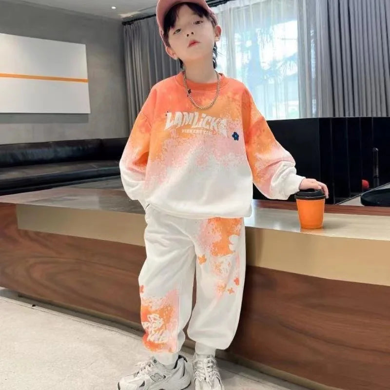 Boys Tie-Dye Sweatshirt Set - Fashion Letter Print Top & Pants for 3-15Y Spring/Autumn