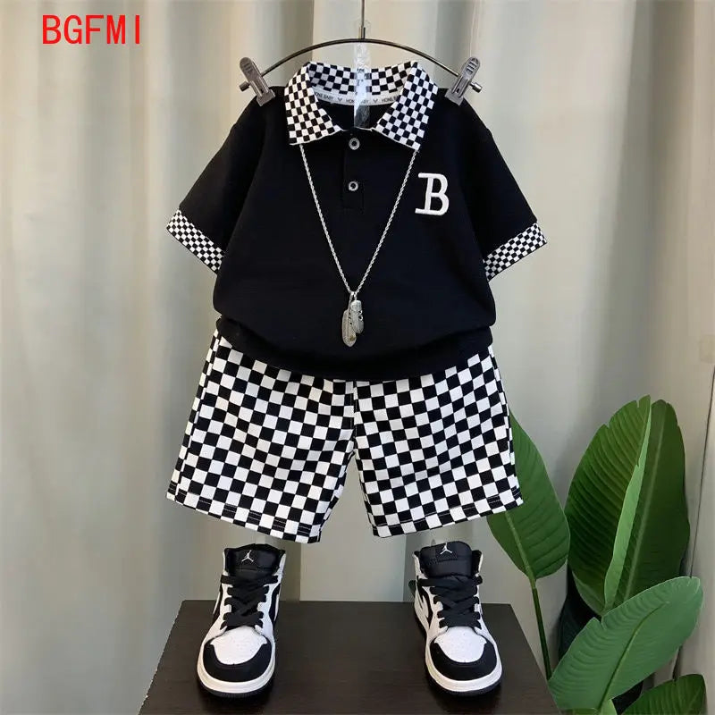 Korean Teenage Boy Summer Plaid Kids Suit Baby Children New Polo Set Thin Short Sleeves Patchwork Shirt +Shorts 2 Pc Casual Suit