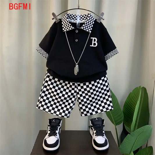 Korean Teenage Boy Summer Plaid Kids Suit Baby Children New Polo Set Thin Short Sleeves Patchwork Shirt +Shorts 2 Pc Casual Suit