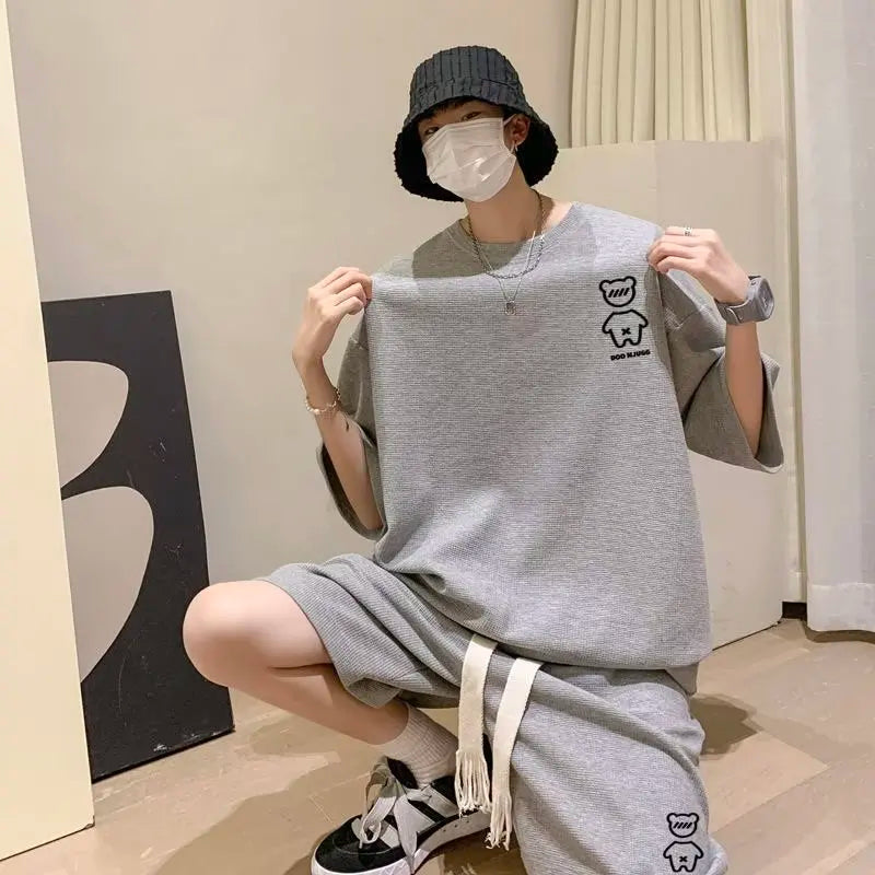 2024 Korean Hip Hop Men's Short Set - Funny Bear T-Shirt & Shorts, Summer Tracksuit