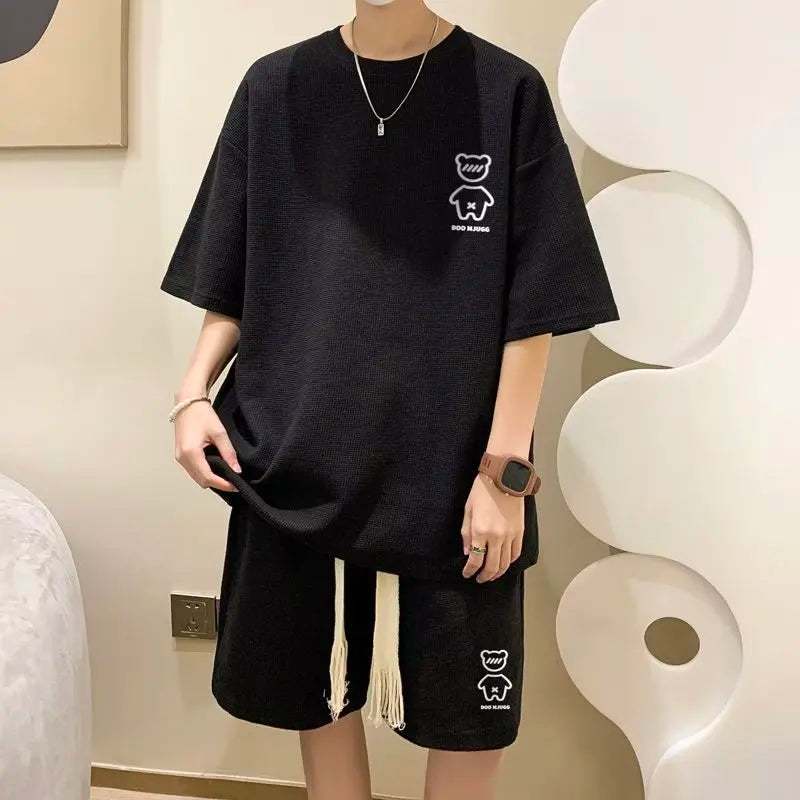 2024 Korean Hip Hop Men's Short Set - Funny Bear T-Shirt & Shorts, Summer Tracksuit