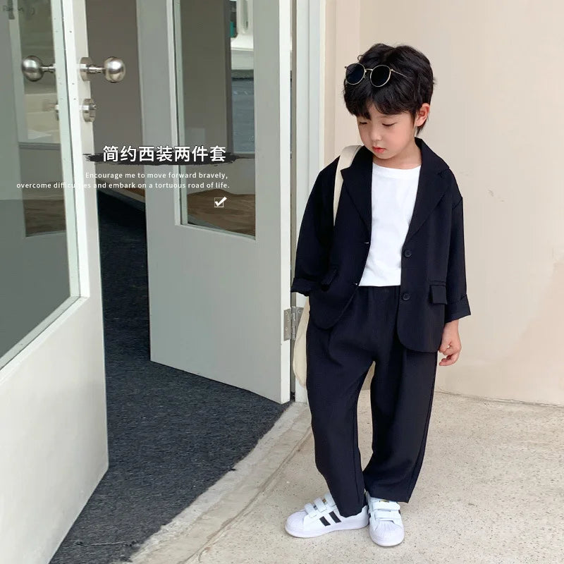 2024 Boys' Fashion Suit - Cool Black Long Sleeve Coat & Pants Set for Spring/Autumn