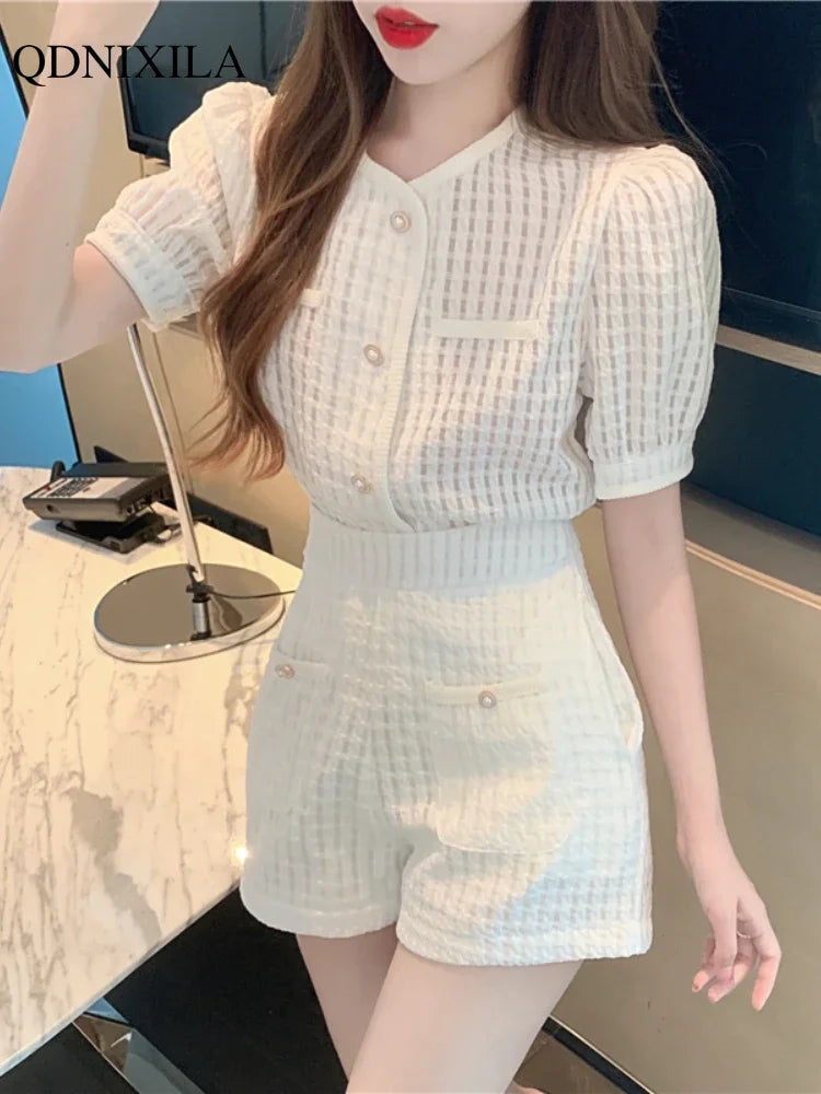 2024 Summer Women's Short Sets Korean Style Fashion Short Sleeve Top and Shorts 2 Piece Set Outfit Suit with Shorts for Women