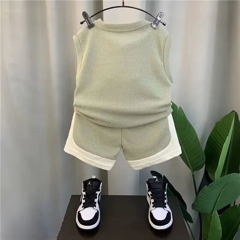 Children's Summer Boys' Tank Top Set 2024 New Baby Sleeveless Clothes Children's Cool and Handsome Two Piece Set