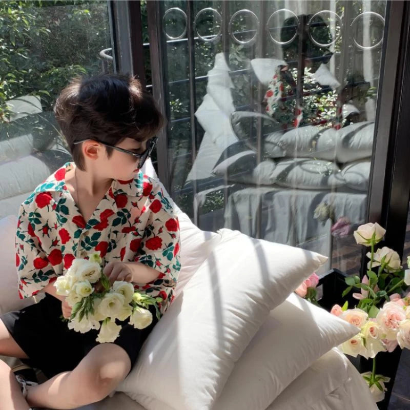 Kids Boys Clothes Floral Pattern Boy Cotton Blouse Shirt + Short 2pcs Outfits Boy Summer Party Birthday Handsome Clothing