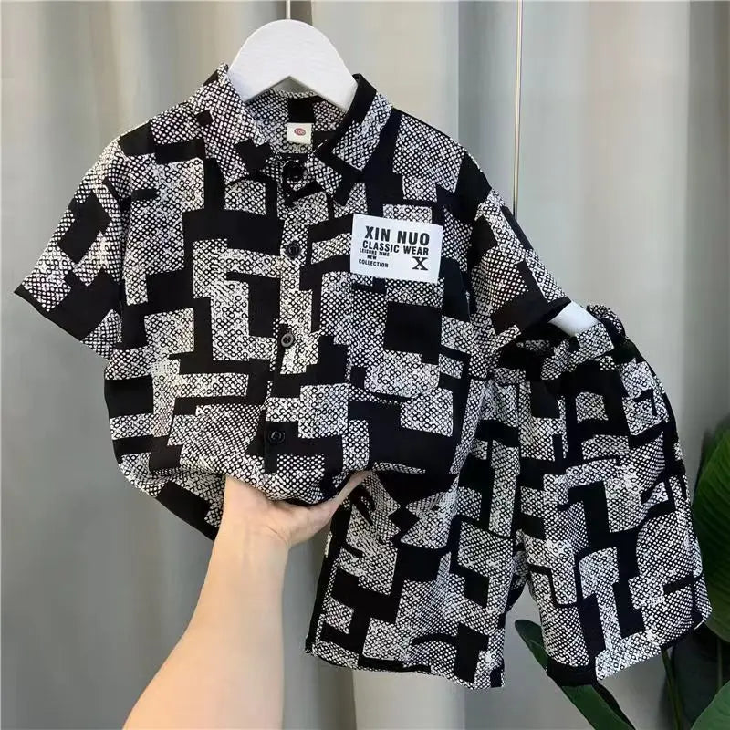 Kids Boys Summer Shirt Short Sleeve Set 2023 New Baby Net Red Tide Brand Clothing Childrens Cool And Handsome Two Piece Set Kids