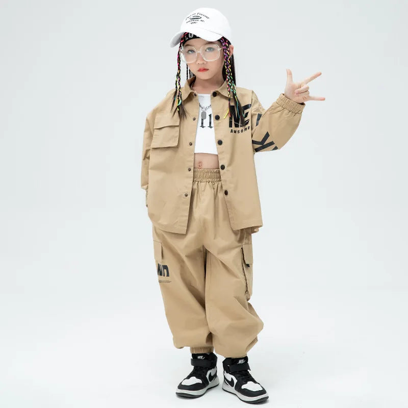 Kpop Hip Hop Kids Set - Khaki Jacket & Cargo Joggers, Casual Streetwear for Dance