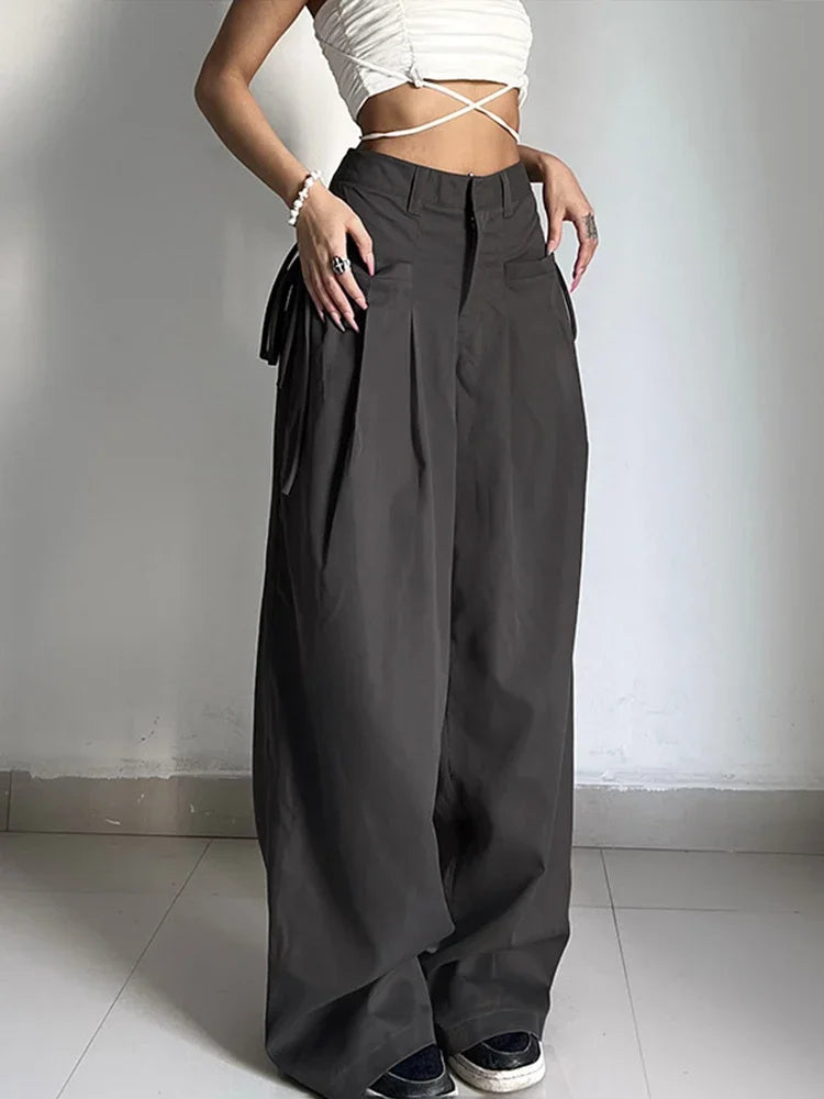 Shirring Casual Wide Leg Pants Women High Waist Street Basic Loose Sweat Trousers Korean Retro Gray Office Y2K Lady Pants