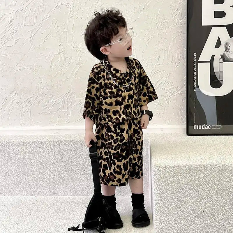 2024 Children's Suit New Boys Summer Clothes Baby Short Sleeve Single Breasted Leopard Print +Shorts Loose Kid 2pcs Set Outfits