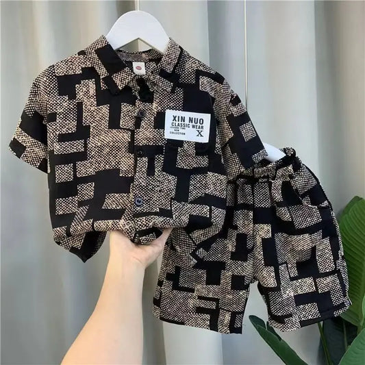 Kids Boys Summer Shirt Short Sleeve Set 2023 New Baby Net Red Tide Brand Clothing Childrens Cool And Handsome Two Piece Set Kids