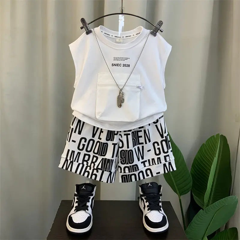 2024 Summer Casual Children Clothes sleeveless Set Boys Simple Print Cotton T shirt And Loose Shorts Girls Soft Suit kid outfits