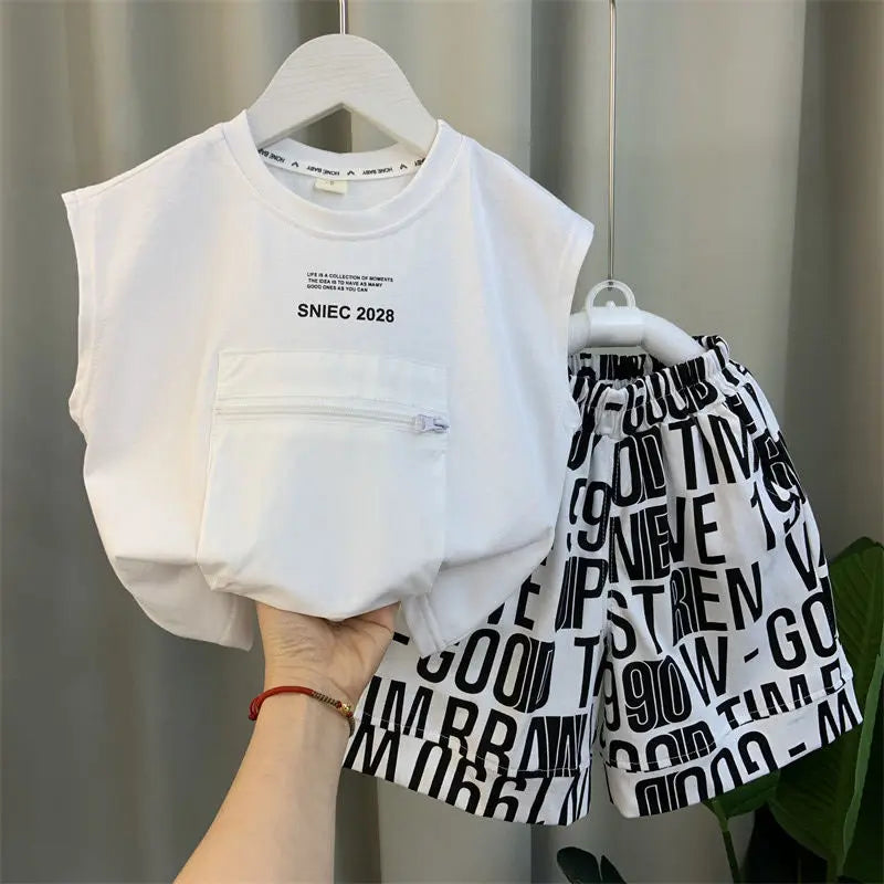 2024 Summer Casual Children Clothes sleeveless Set Boys Simple Print Cotton T shirt And Loose Shorts Girls Soft Suit kid outfits