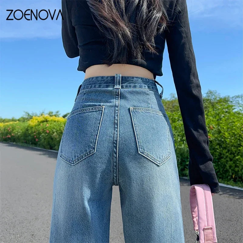 ZOENOVA Spring Autumn New Women's Wide Leg Pants Ladis Casual Jeans Fashion Lace Up High Waist Vintage Loose Straight Trousers