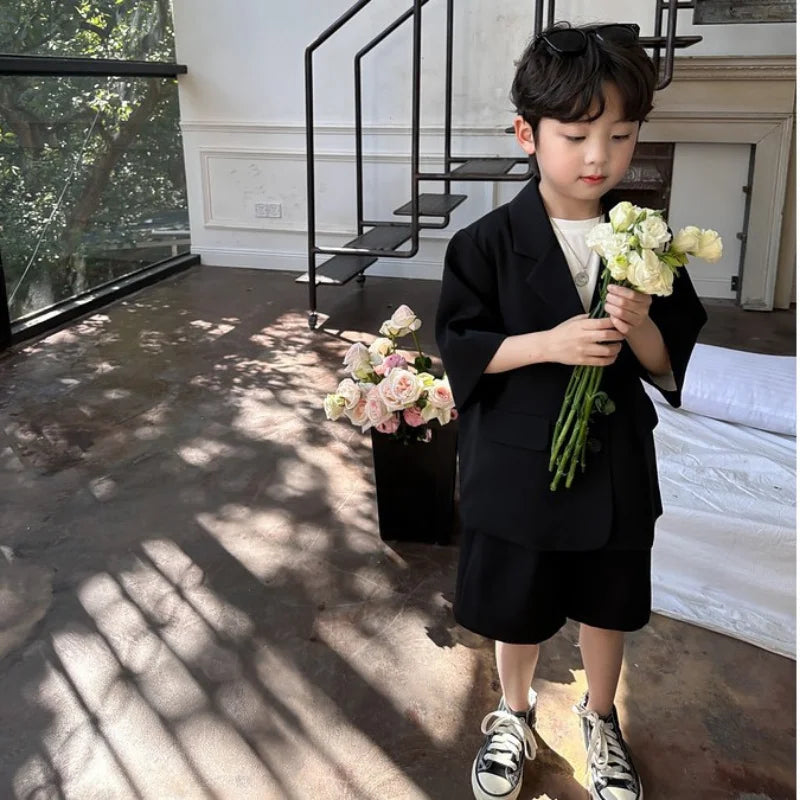 Boys' Summer Blazer Set - High Quality Korean Black Thin Casual Suit with Shorts