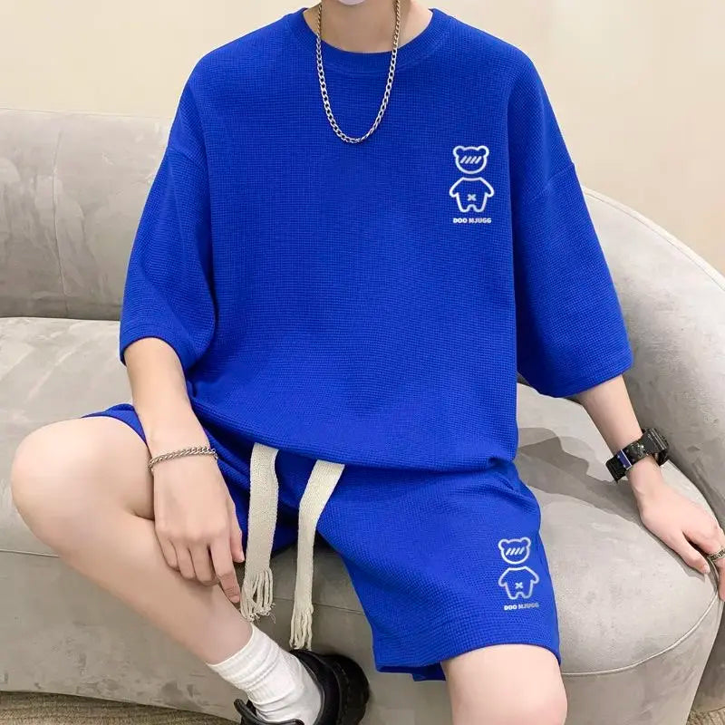 2024 Korean Hip Hop Men's Short Set - Funny Bear T-Shirt & Shorts, Summer Tracksuit