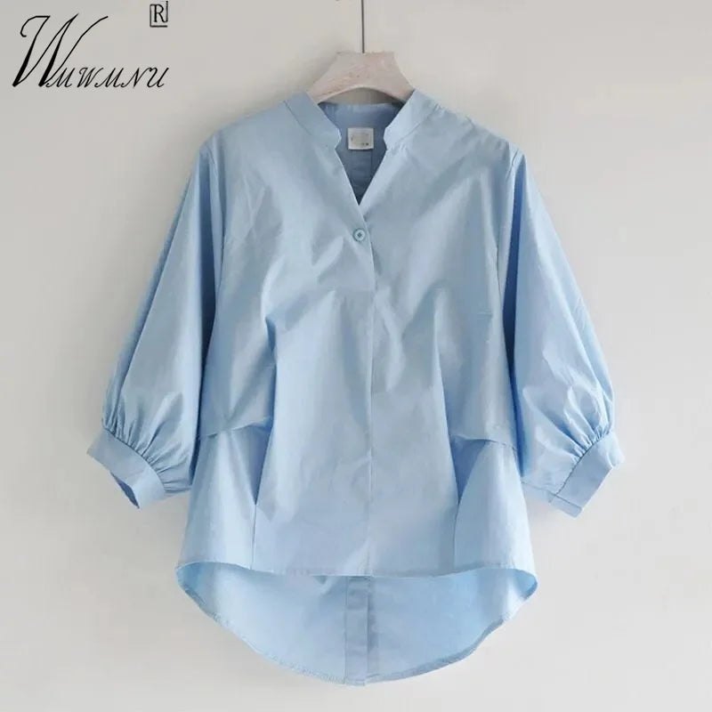 Korean Fashion Oversize Shirts Women Elegant Lantern Sleeve Blouses Blue Loose Summer Tops V-Neck Lightweight Casual Blusas