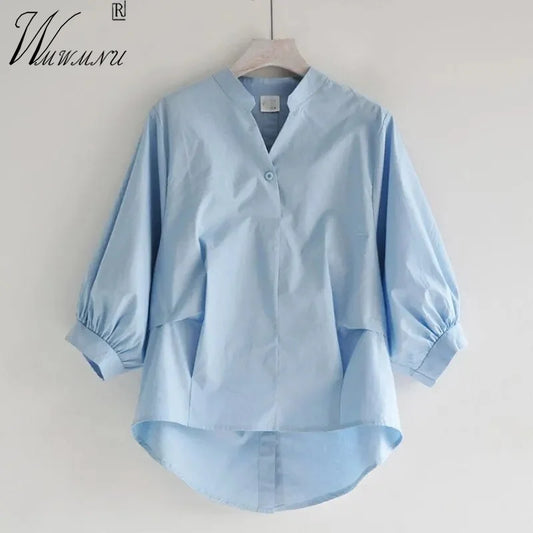 Korean Fashion Oversize Shirts Women Elegant Lantern Sleeve Blouses Blue Loose Summer Tops V-Neck Lightweight Casual Blusas