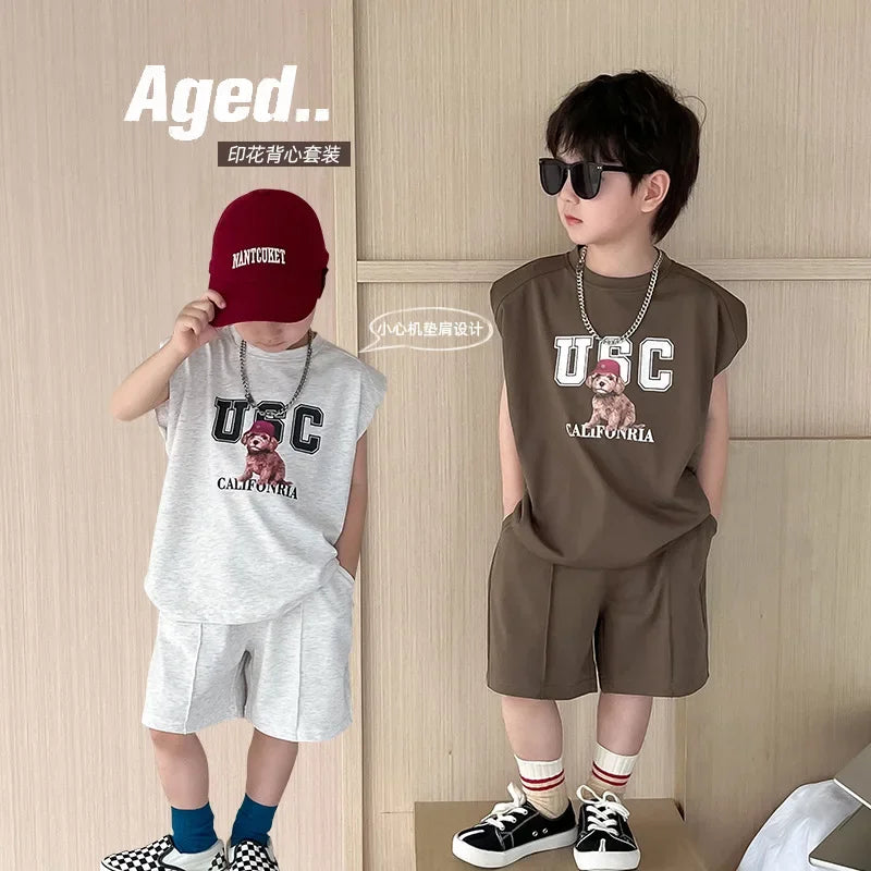 Boys Summer Cartoon Sport Vest Suit Kids Sleeveless Tops+shorts Casual Outfits Sets with Pants for Boy Clothing Short Sets Boy