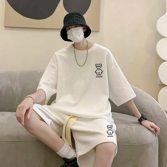 2024 Korean Hip Hop Men's Short Set - Funny Bear T-Shirt & Shorts, Summer Tracksuit