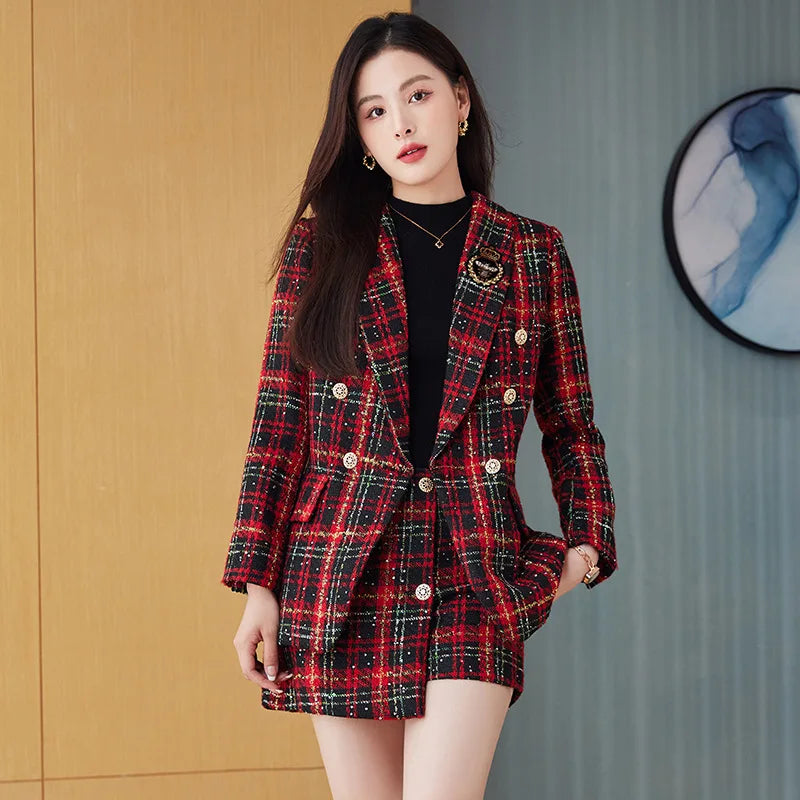 Women's Autumn Blazer And Skirt Chic Plaid Short Skirt Sets Sweet Style Suit Jacket For Dating Party Wear Korean Popular Outfits