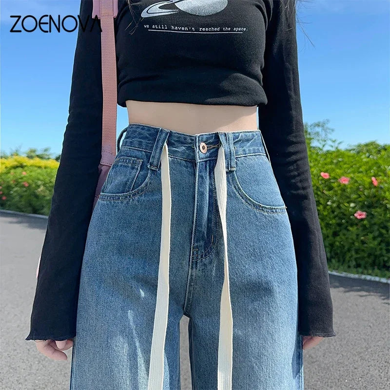 ZOENOVA Spring Autumn New Women's Wide Leg Pants Ladis Casual Jeans Fashion Lace Up High Waist Vintage Loose Straight Trousers