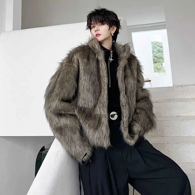 SYUHGFA 2024 Men's Faux Fur Woolen Cardigan - Fashion Korean Style Loose Coat for Autumn/Winter