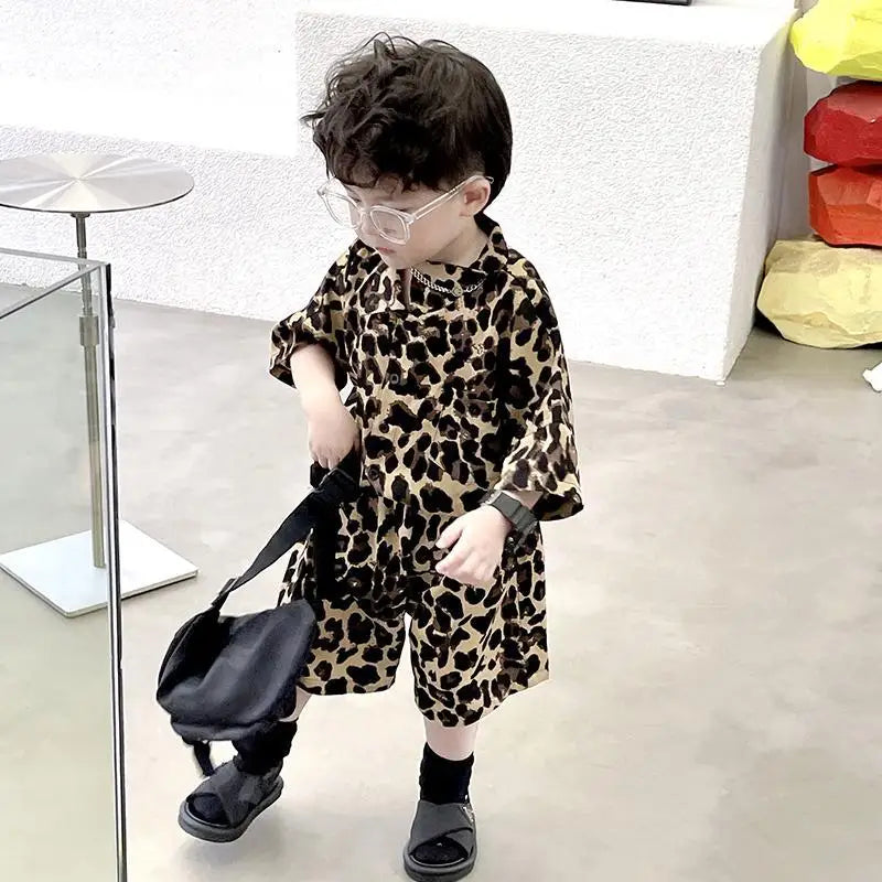 2024 Children's Suit New Boys Summer Clothes Baby Short Sleeve Single Breasted Leopard Print +Shorts Loose Kid 2pcs Set Outfits