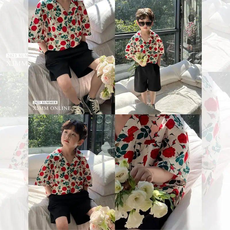 Kids Boys Clothes Floral Pattern Boy Cotton Blouse Shirt + Short 2pcs Outfits Boy Summer Party Birthday Handsome Clothing