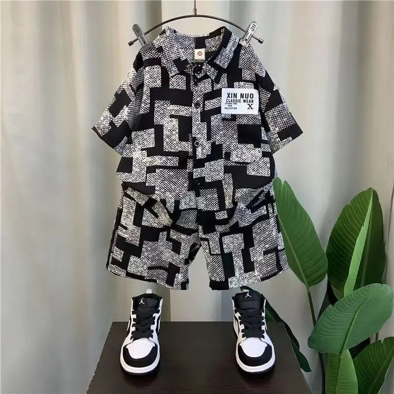 Kids Boys Summer Shirt Short Sleeve Set 2023 New Baby Net Red Tide Brand Clothing Childrens Cool And Handsome Two Piece Set Kids