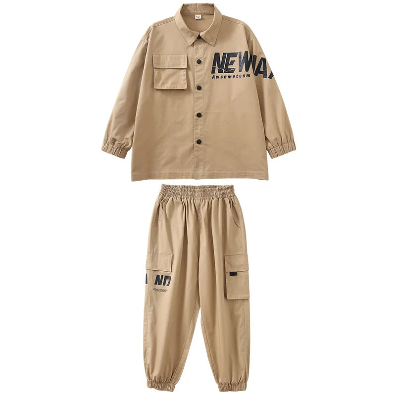 Kpop Hip Hop Kids Set - Khaki Jacket & Cargo Joggers, Casual Streetwear for Dance