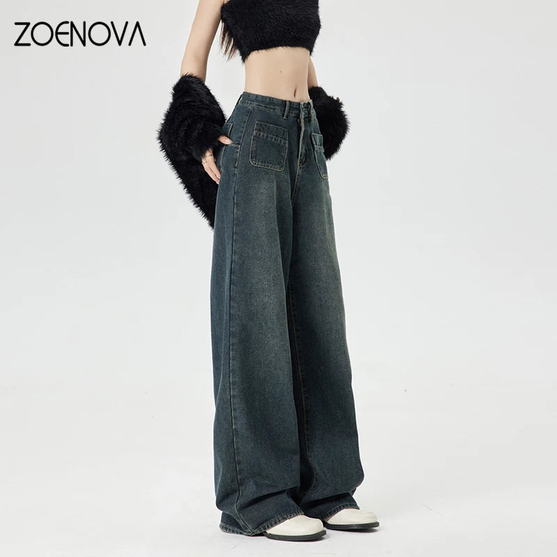 ZOENOVA Spring New Harajuku Streets Vintage Women's Jeans Fashion Girl Y2K Wide Leg Pants Casual Retro Loose Straight Trousers