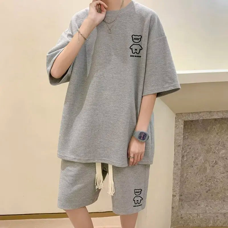 2024 Korean Hip Hop Men's Short Set - Funny Bear T-Shirt & Shorts, Summer Tracksuit