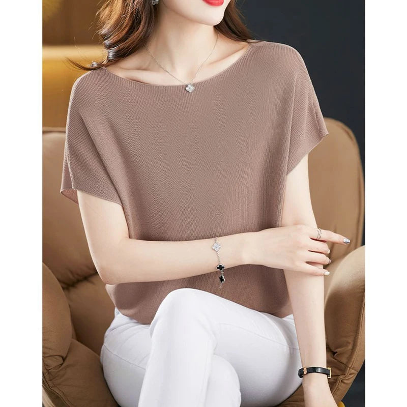 Korean Ice Silk Knitted T-Shirt - Women's Summer Fashion, Short Sleeve Loose Pullover