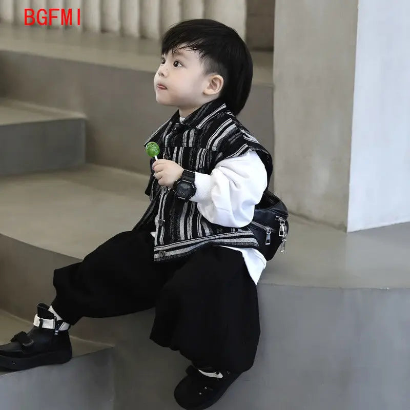 Korean Kids Striped Vest & Sweater Set - All-match Spring/Autumn Outfit for Boys 1-9Y