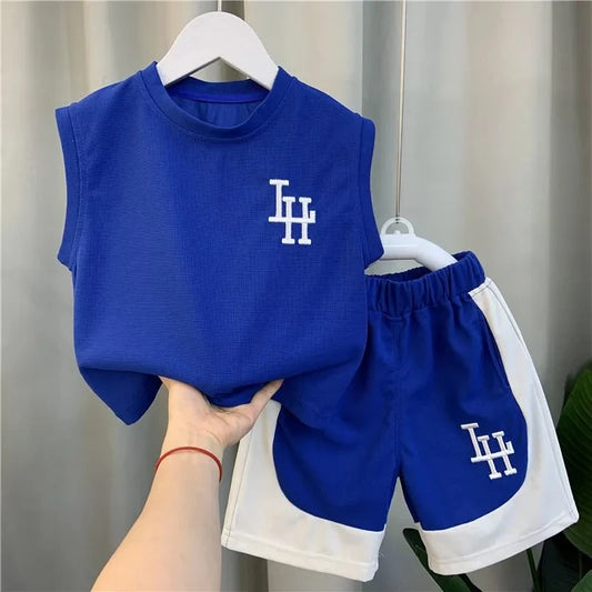 Children's Summer Boys' Tank Top Set 2024 New Baby Sleeveless Clothes Children's Cool and Handsome Two Piece Set