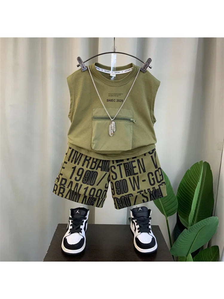 2024 Summer Casual Children Clothes sleeveless Set Boys Simple Print Cotton T shirt And Loose Shorts Girls Soft Suit kid outfits