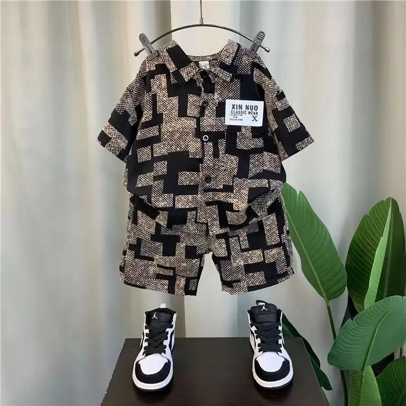 Kids Boys Summer Shirt Short Sleeve Set 2023 New Baby Net Red Tide Brand Clothing Childrens Cool And Handsome Two Piece Set Kids