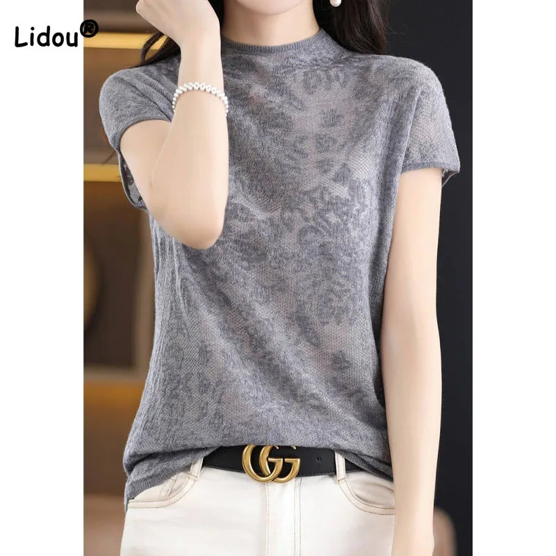 Elegant Hollow Hook Flower Top - Women's Summer T-Shirt with Half High Collar & Short Sleeves