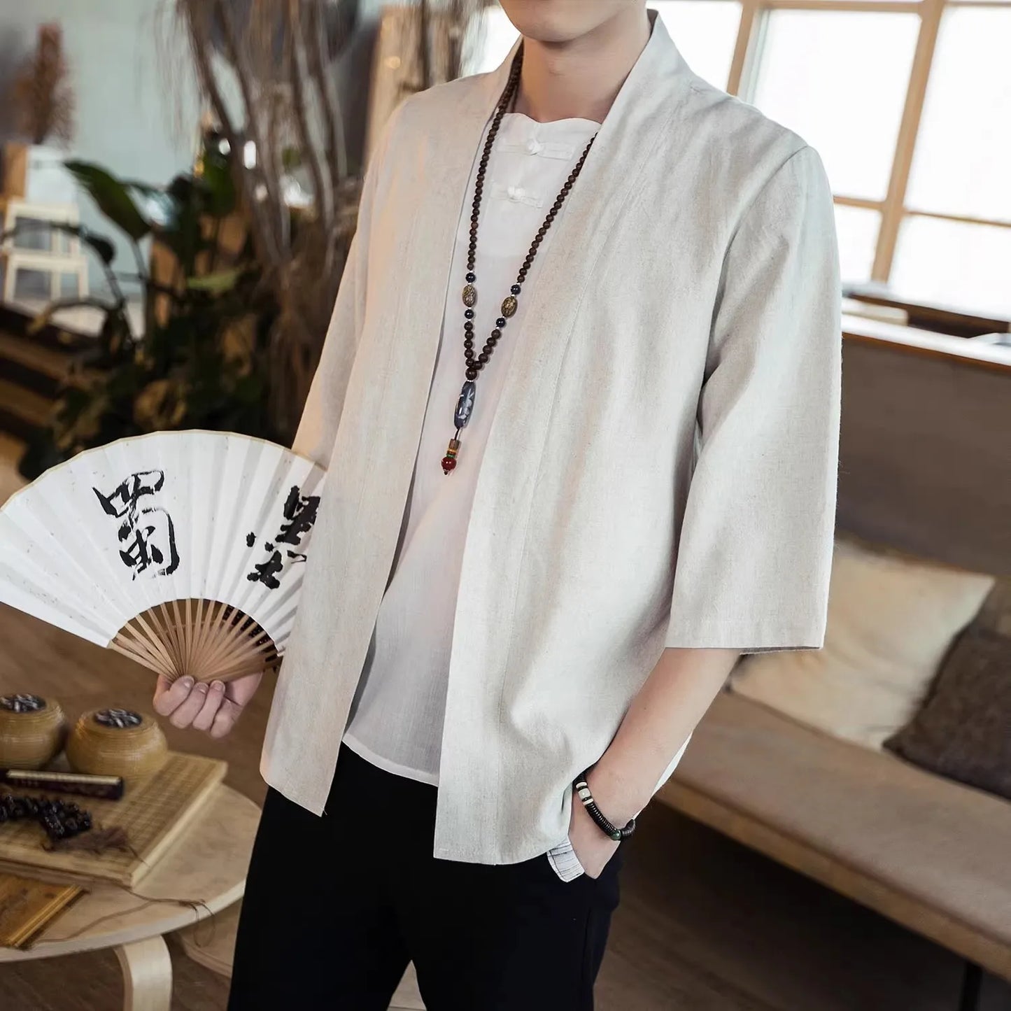 Japanese Linen Kimono Cardigan - Casual Cotton Yukata with 3/4 Sleeve