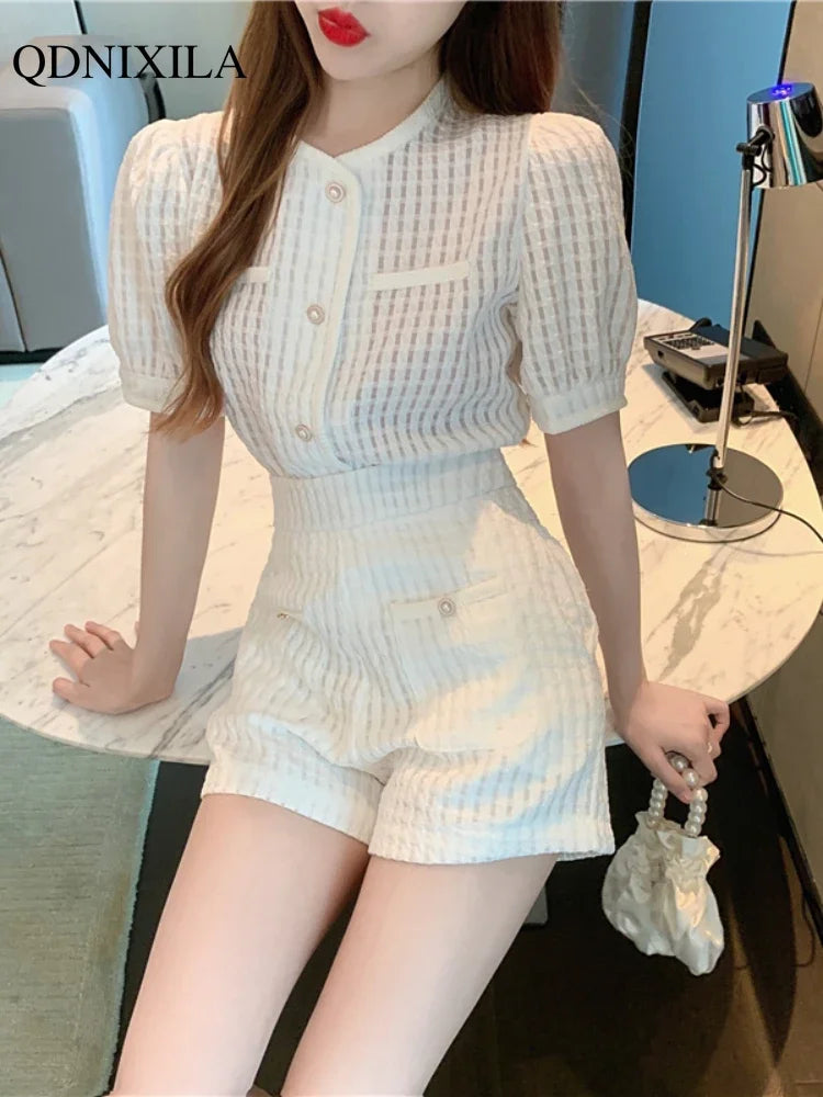 2024 Summer Women's Short Sets Korean Style Fashion Short Sleeve Top and Shorts 2 Piece Set Outfit Suit with Shorts for Women