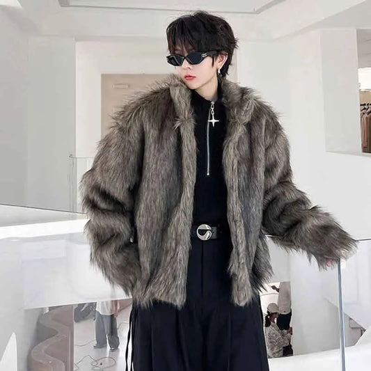 SYUHGFA 2024 Men's Faux Fur Woolen Cardigan - Fashion Korean Style Loose Coat for Autumn/Winter