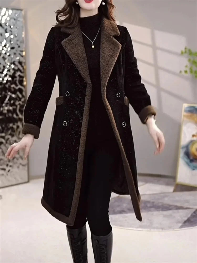 2024 Velvet Padded Woolen Coat - Women's Slim Double-Breasted Lamb Plush Jacket for Autumn/Winter