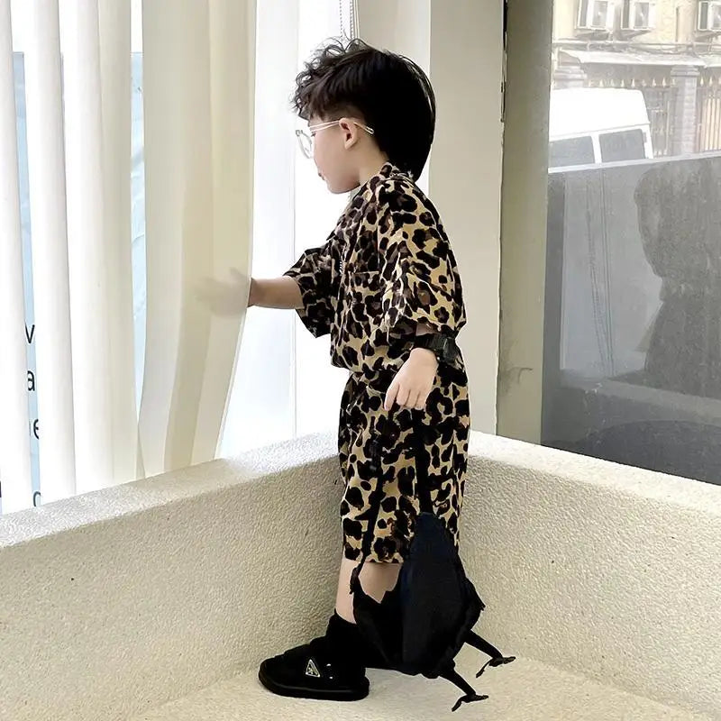 2024 Children's Suit New Boys Summer Clothes Baby Short Sleeve Single Breasted Leopard Print +Shorts Loose Kid 2pcs Set Outfits