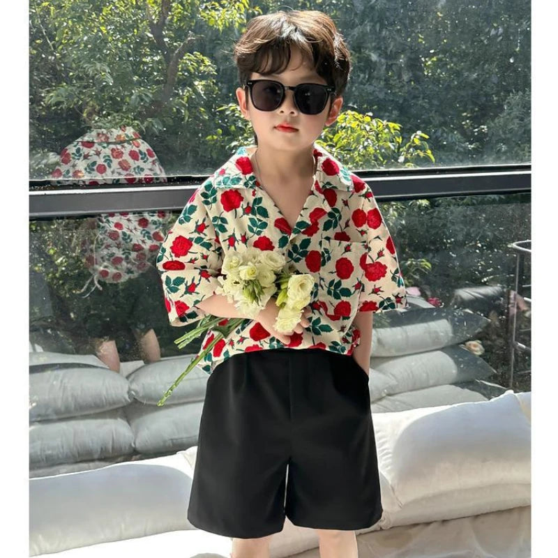 Kids Boys Clothes Floral Pattern Boy Cotton Blouse Shirt + Short 2pcs Outfits Boy Summer Party Birthday Handsome Clothing