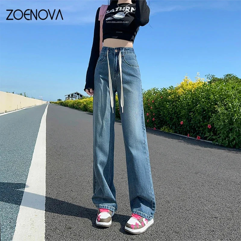 ZOENOVA Spring Autumn New Women's Wide Leg Pants Ladis Casual Jeans Fashion Lace Up High Waist Vintage Loose Straight Trousers