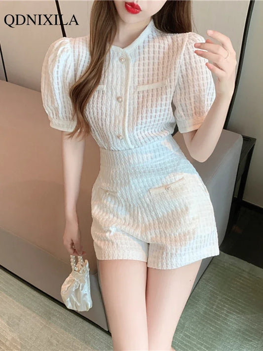 2024 Summer Women's Short Sets Korean Style Fashion Short Sleeve Top and Shorts 2 Piece Set Outfit Suit with Shorts for Women